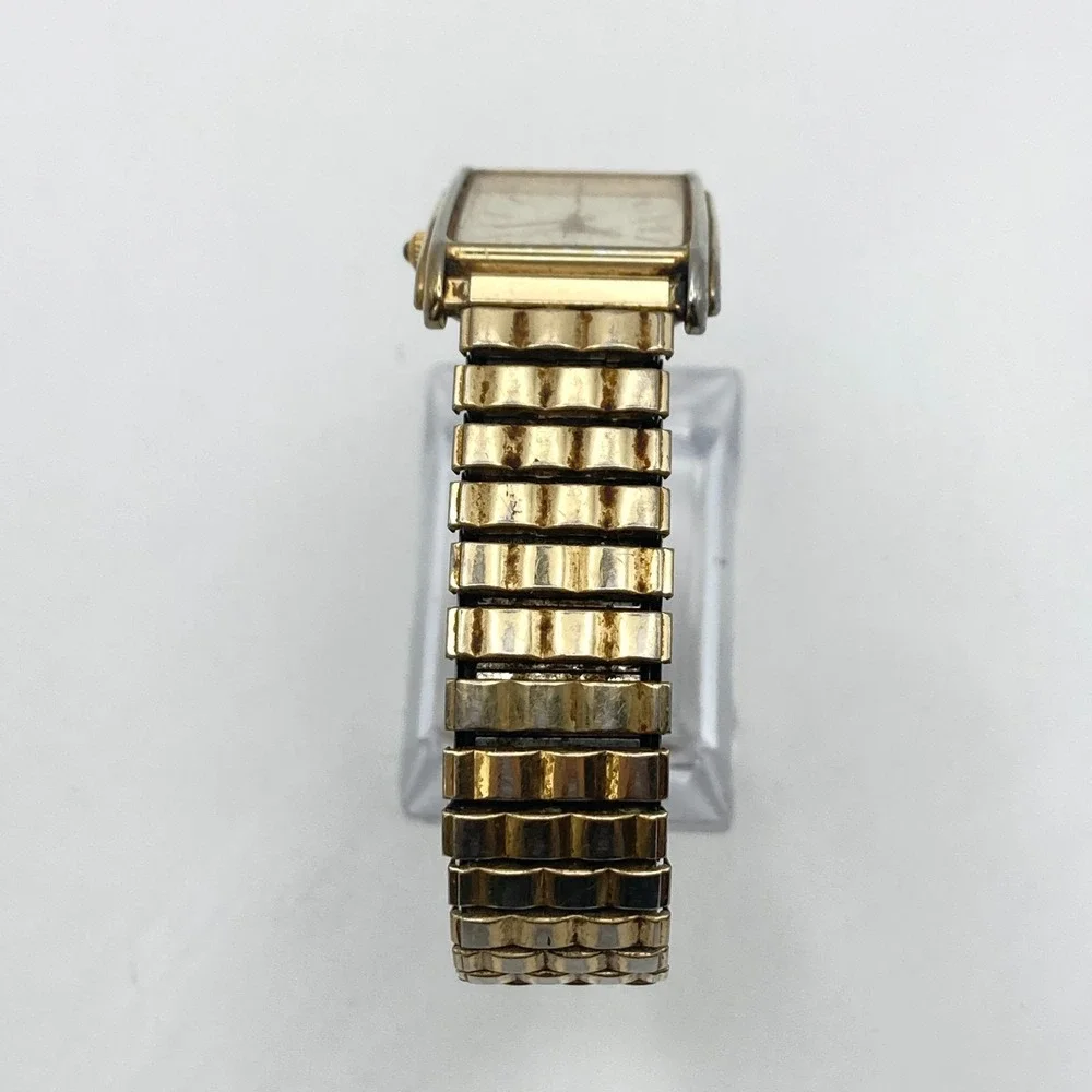 Vintage Timex Men's Tank Watch 25mm Gold Tone Striped Dial New Battery 7